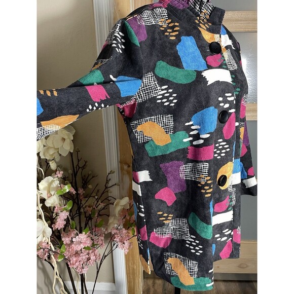 Women's Abstract Print Art Jacket Blouson Coat Button Front Retro Colorblock - Picture 4 of 11